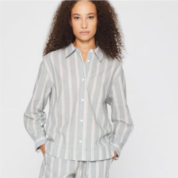NWT! Eberjey Organic Sandwashed Willow Green Stripe Sz XL Long Sleeve Pajama Set - Picture 1 of 12